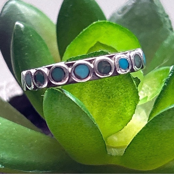 Vintage Southwestern Turquoise Sterling Silver Eternity Ring - Picture 3 of 12